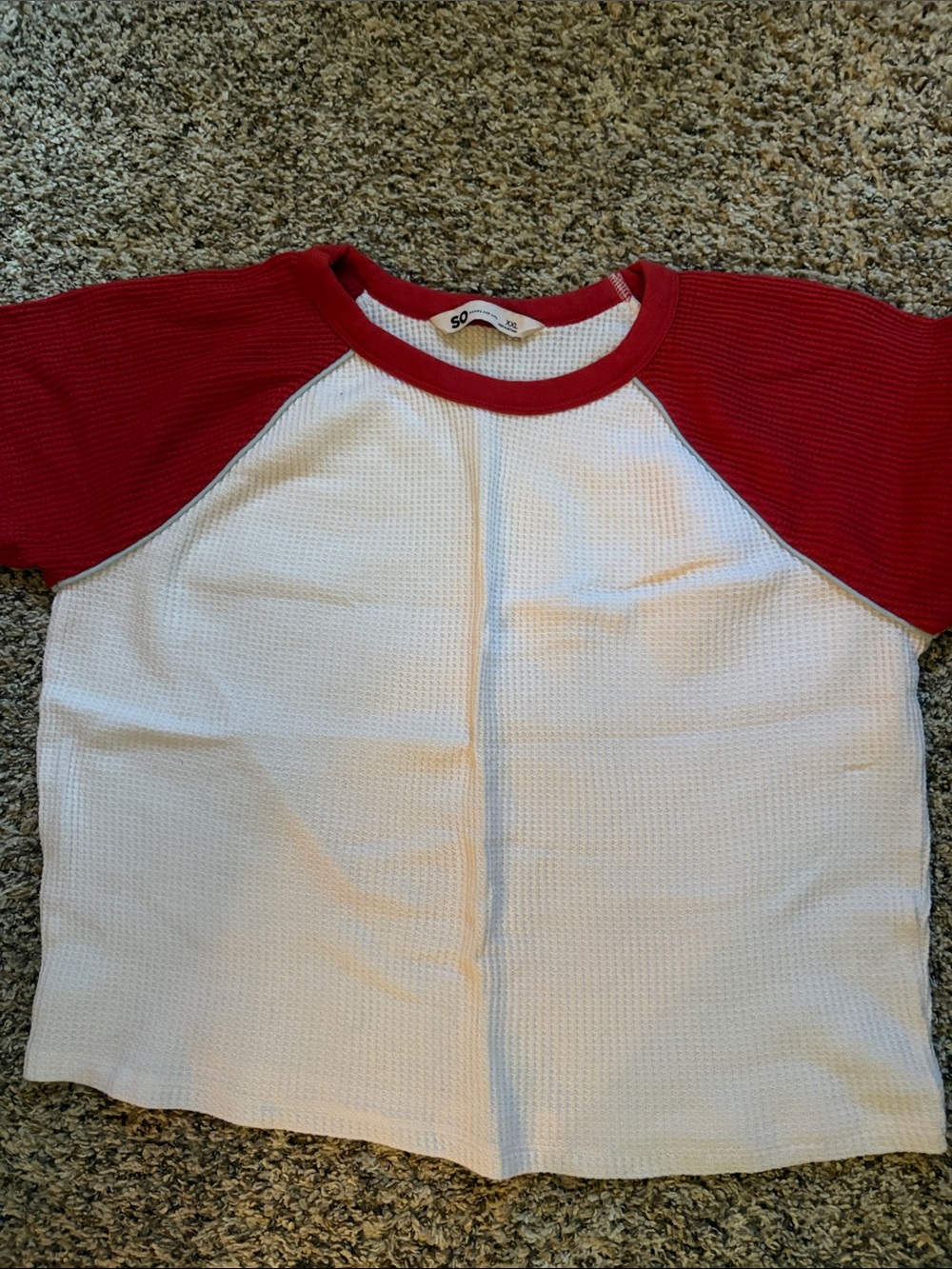 SO White Waffle Knit Raglan Tee with Red Sleeves
